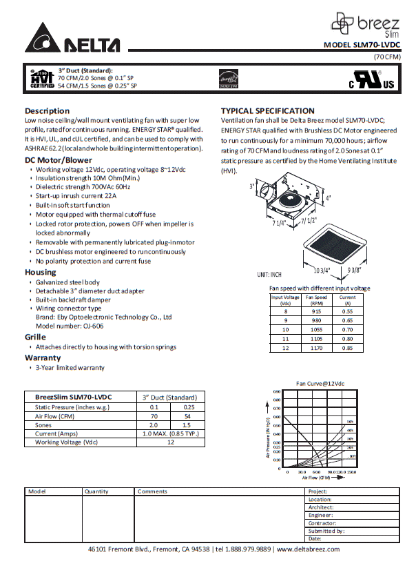 ATX FAN 70 LVDC 12v Data Sheet